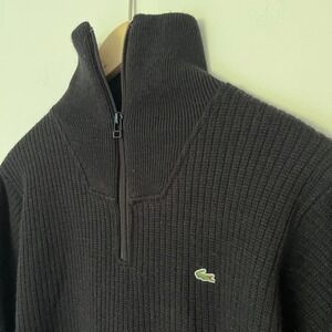 Lacoste Mens Black Ribbed Quarter Zip Sweater Elbow Patches Mock Neck Logo